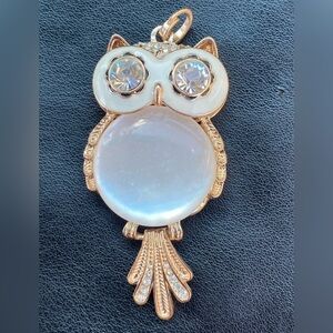 Vintage Owl Pendant Necklace Gold Tone White Stone Crystal Eye Statement Jewelry